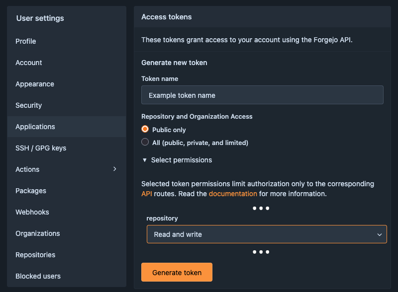 User settings > Applications > Access tokens > Generate new token